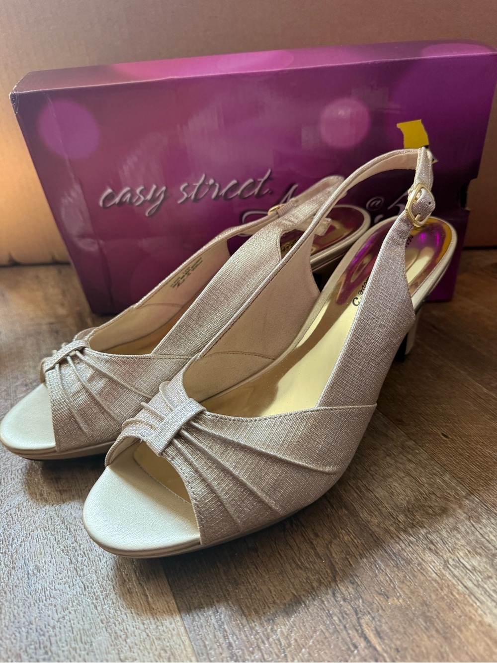 easy street Nude/Tan Open-Toe Slingback Heels with Pleated Detail